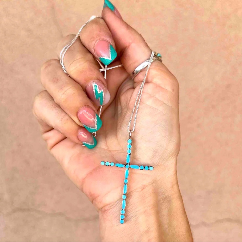 Native American Turquoise Sterling Silver Cross Necklace - Zuni